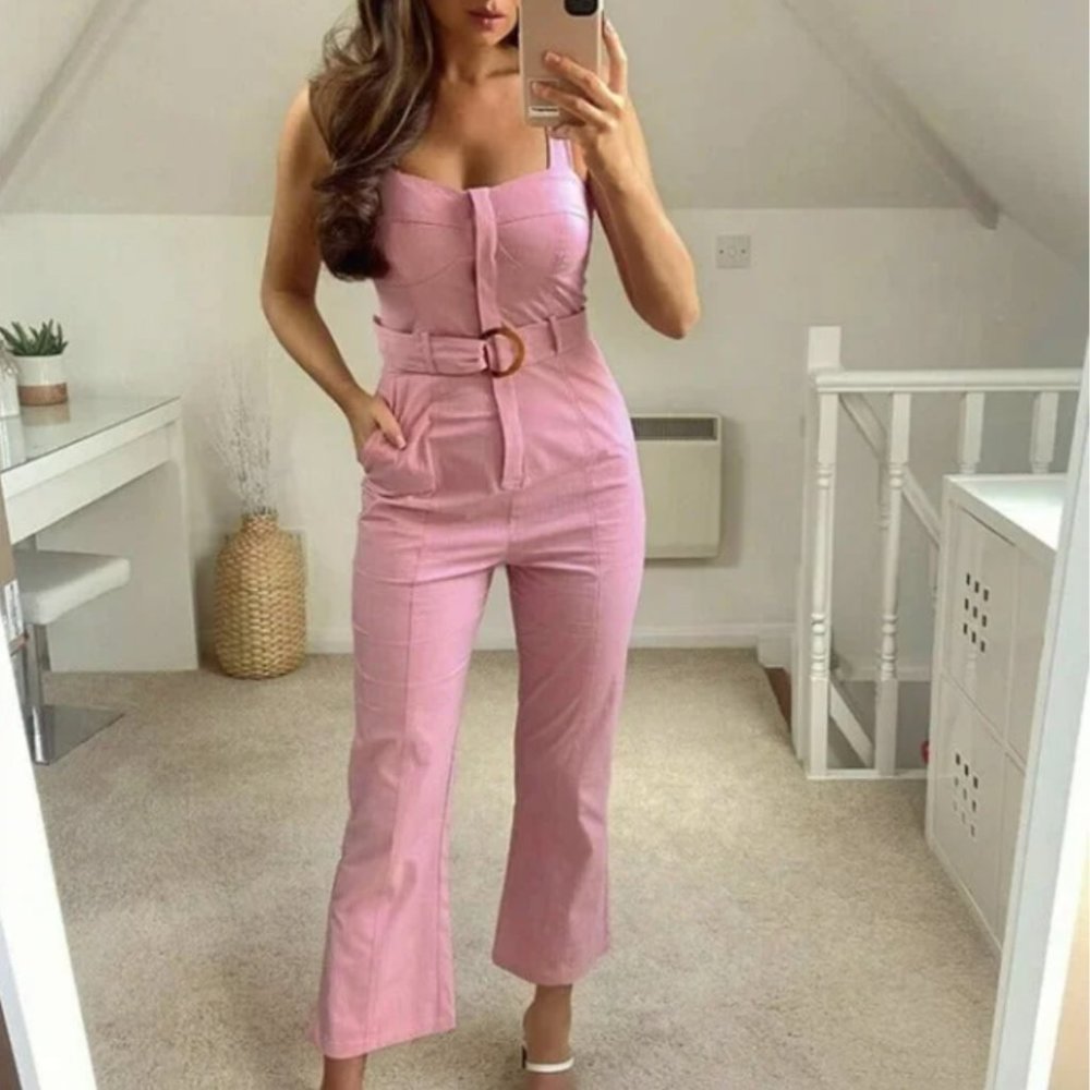 ZARA Pink Fitted Corset Cropped Flare Leg Jumpsuit with Belt